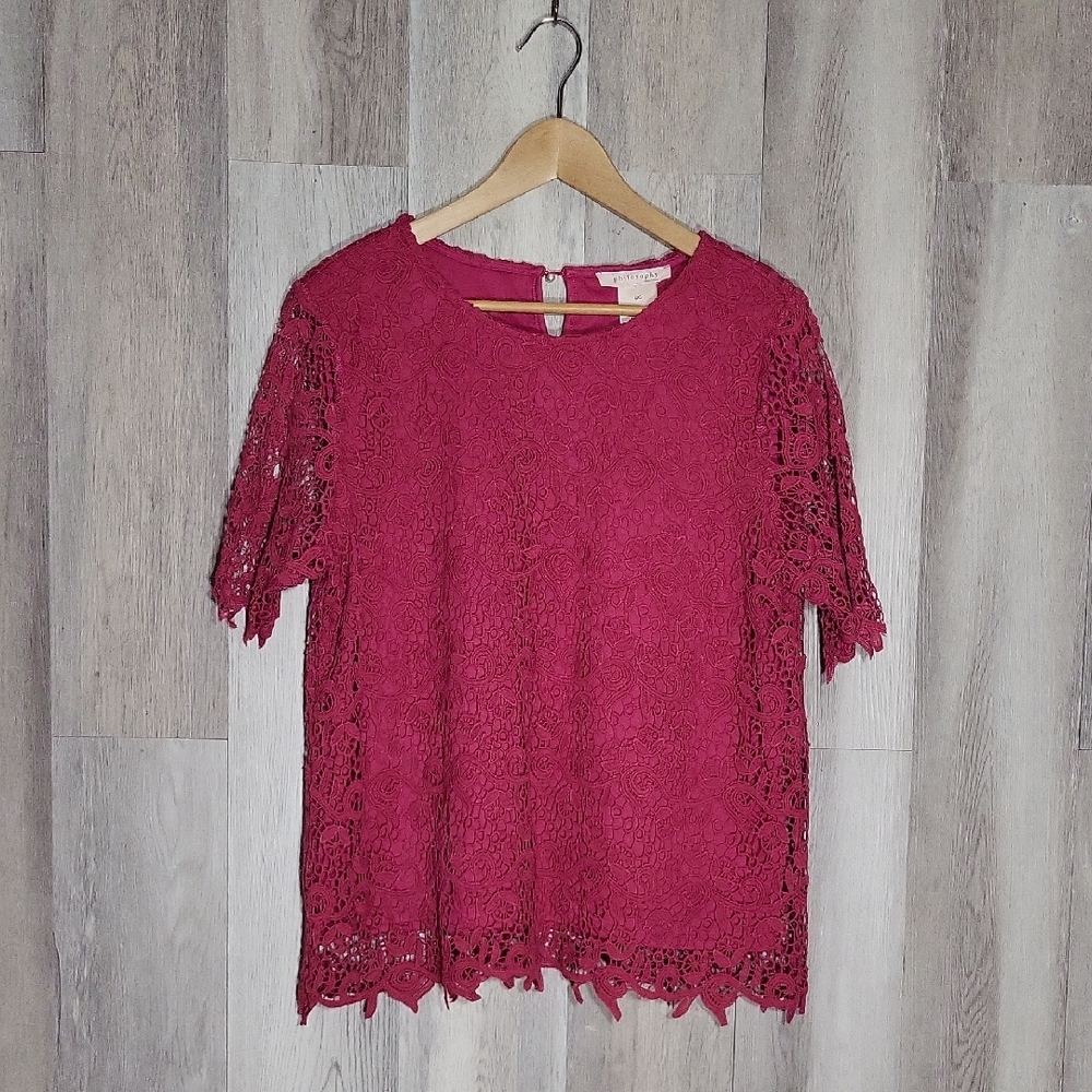 🛍Philosophy Womens‎ L Blouse Lace Overlay Pink Lined Keyhole Dressy Swirl NEW